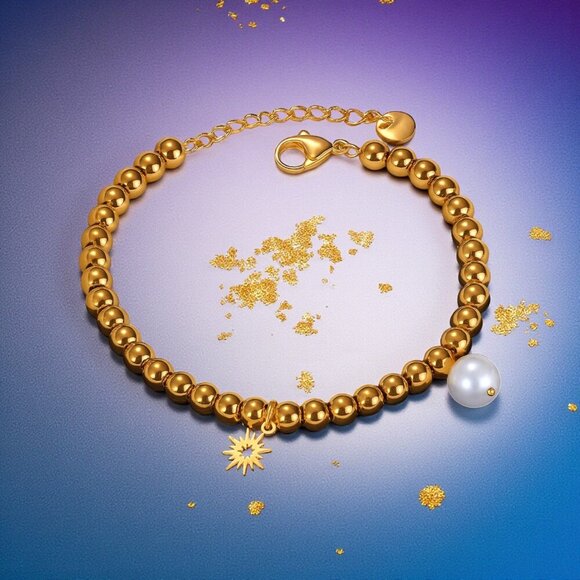 🆕️18K Gold Plated Stainless Steel Beaded Bracelet with Sun & Pearl Charms ✨ - Picture 1 of 12